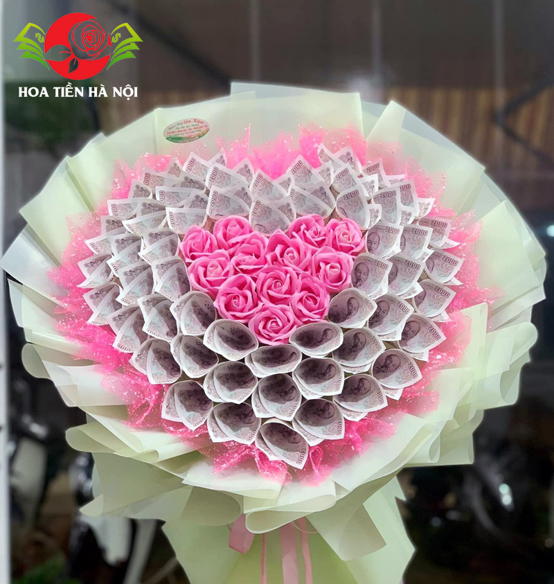 bó hoa tiền 2k trái tim