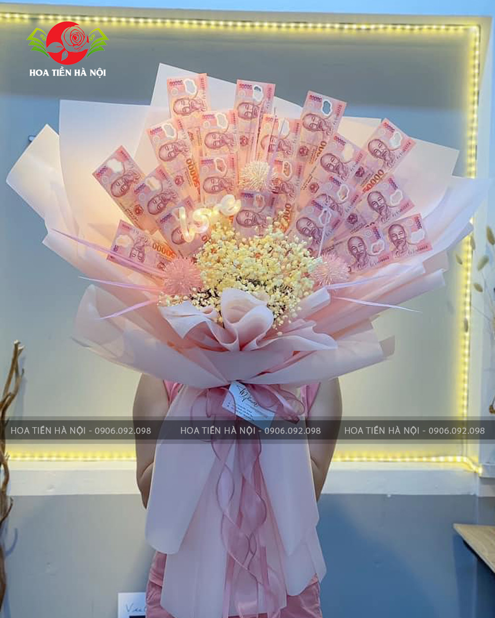 Bó hoa tiền 50k hồng baby