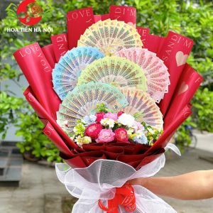 Bó hoa tiền xòe quạt 6 mệnh giá tiền