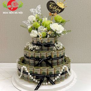 Bánh sinh nhật bằng tiền 100k tone trắng xanh