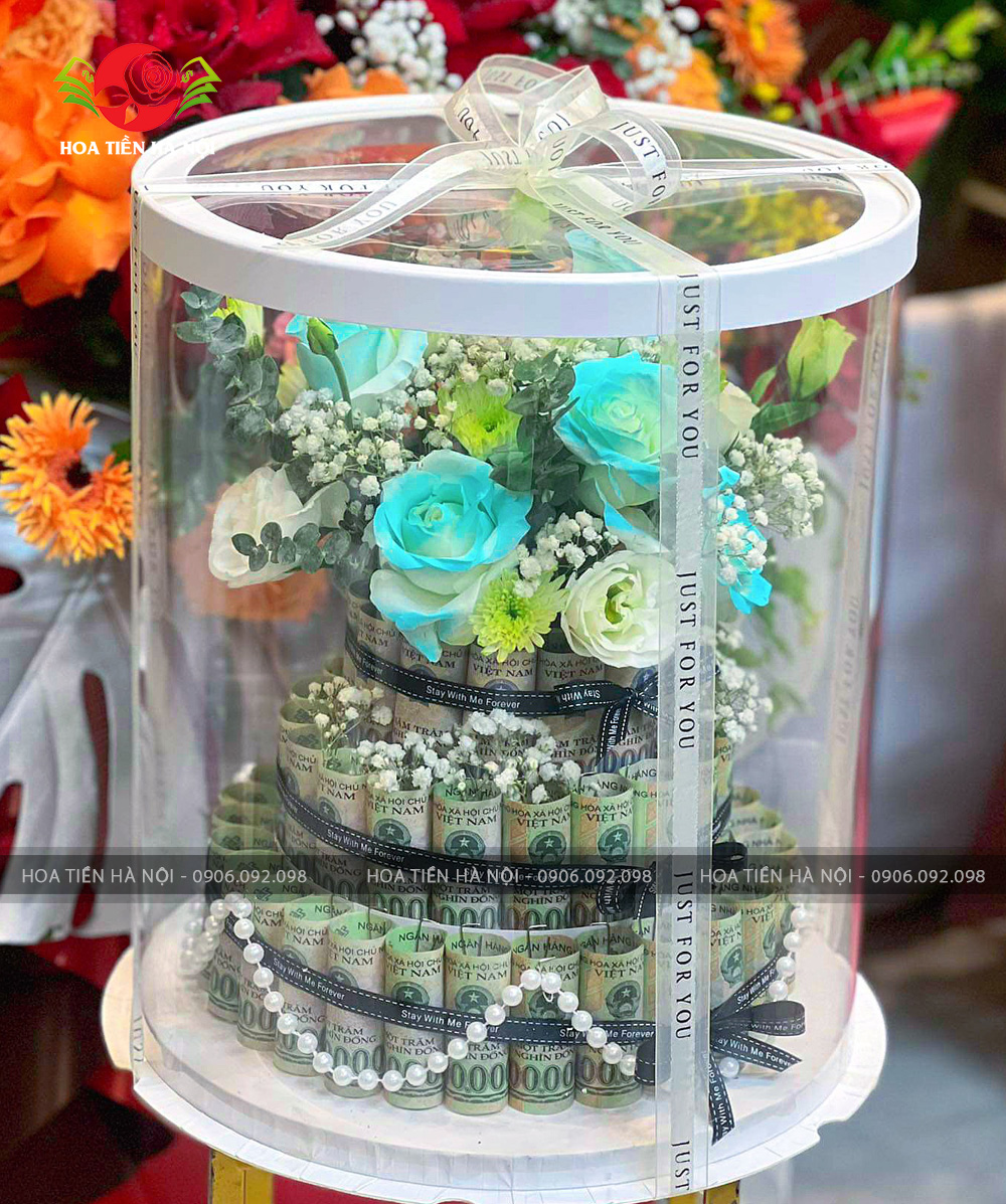 Bánh sinh nhật bằng tiền 100k xanh lam trắng