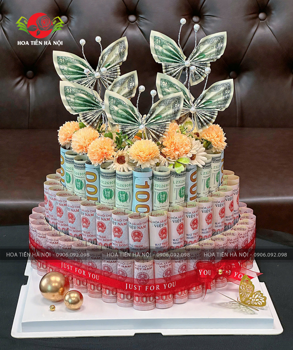 Bánh sinh nhật bằng tiền Mix tiền việt và đô la