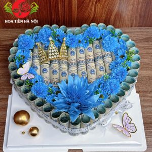 Bánh sinh nhật bằng tiền 500k trái tim xanh lam