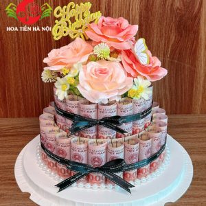 Cốt bánh sinh nhật bằng tiền 2 tầng màu hồng phấn