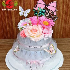 Cốt bánh sinh nhật bằng tiền 2 tầng tone hồng