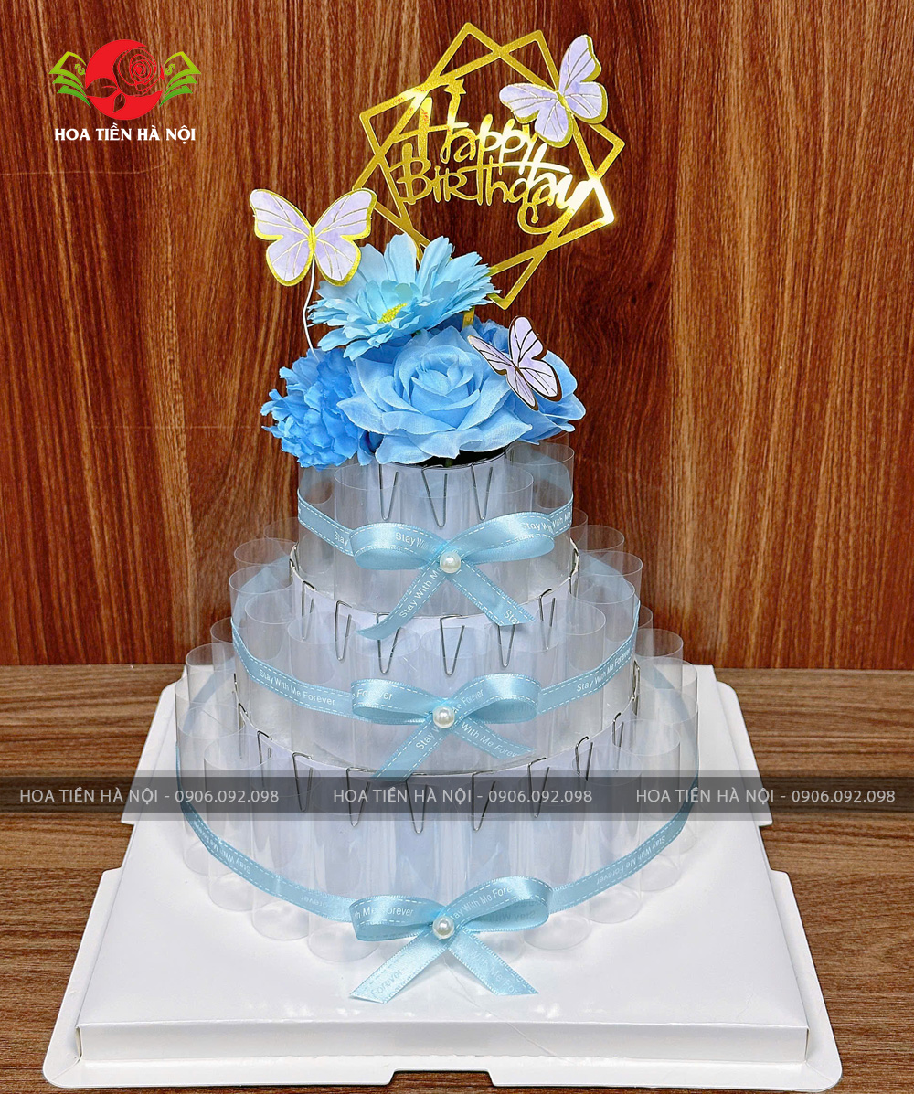Cốt bánh sinh nhật bằng tiền 3 tầng tone xanh pastel