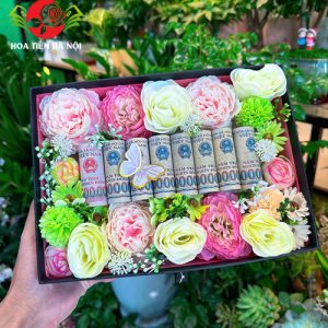 Hộp hoa tiền 10 tờ tiền mix hoa lụa cao cấp