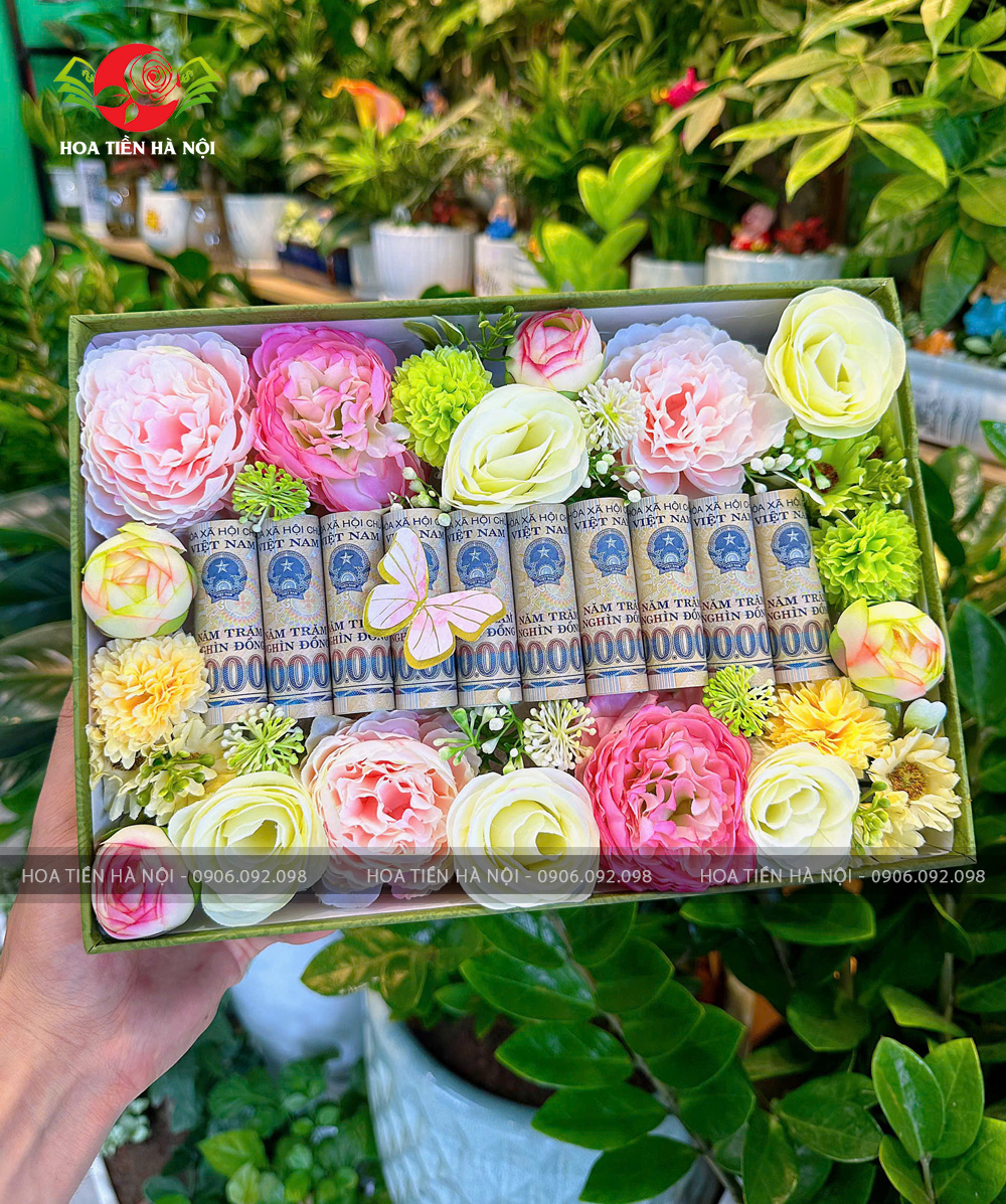 Hộp hoa tiền 10 tờ tiền mix hoa lụa cao cấp