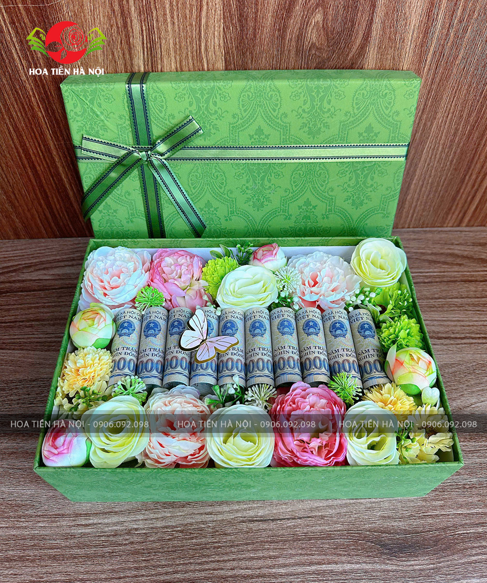 Hộp hoa tiền 10 tờ tiền mix hoa lụa cao cấp