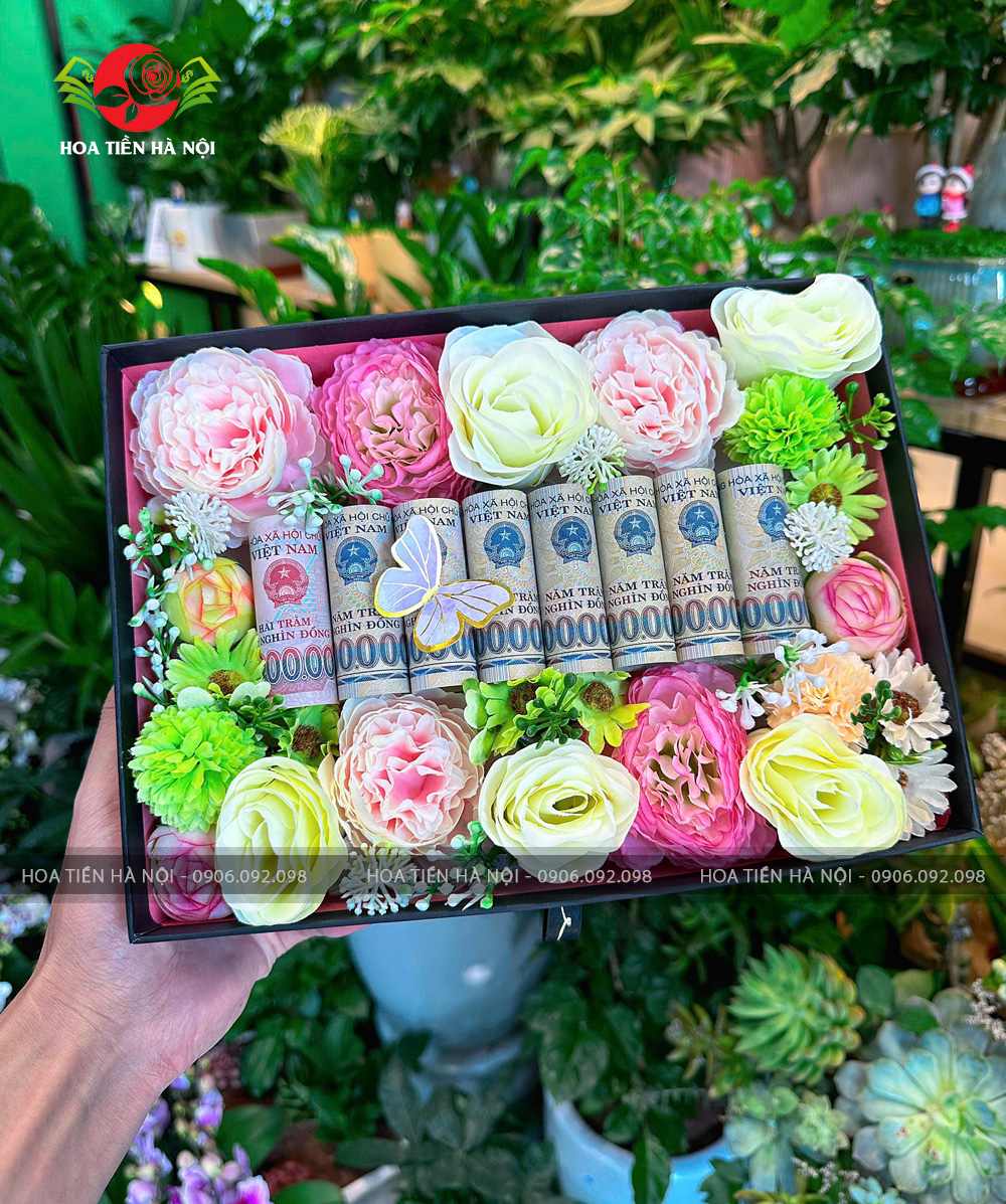 Hộp hoa tiền 10 tờ tiền mix hoa lụa cao cấp