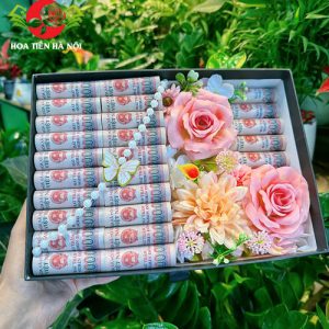 Hộp hoa tiền 25 tờ tiền tone hồng phấn