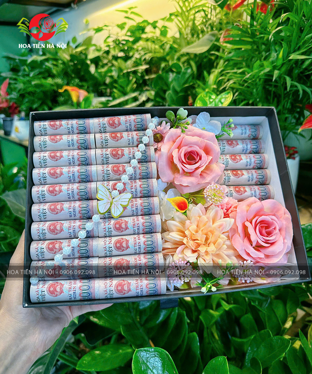 Hộp hoa tiền 25 tờ tiền tone hồng phấn