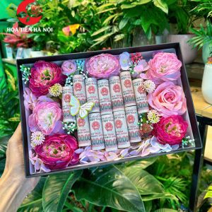 Hộp hoa xếp tiền hình trái tim tone hồng
