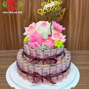Khuôn bánh sinh nhật bằng tiền 2 tầng màu cánh sen