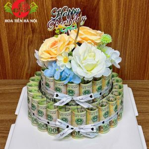 Khuôn bánh sinh nhật tiền 100k tone cam trắng
