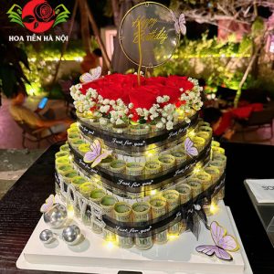 Cốt bánh sinh nhật bằng tiền trái tim 3 tầng