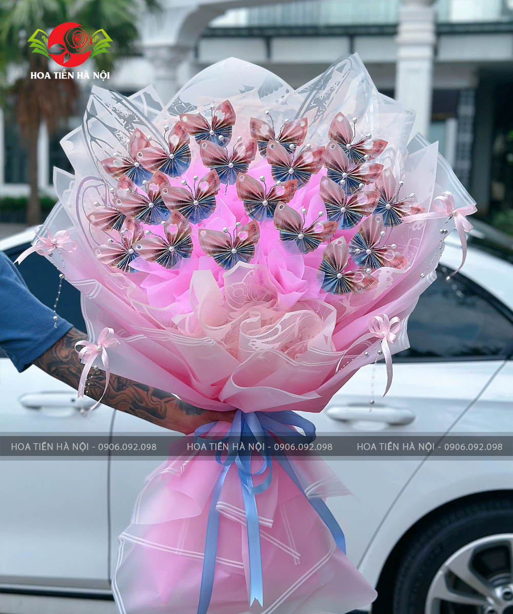 Bó hoa bướm tiền mix 20k x 50k tone hồng