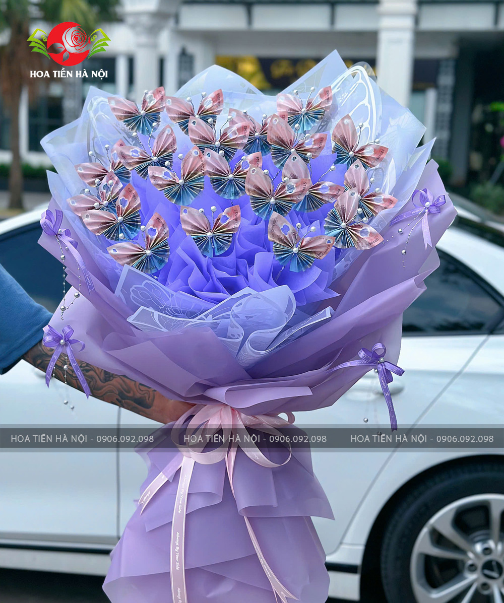 Bó hoa bướm tiền mix 50k x 20k tone tím