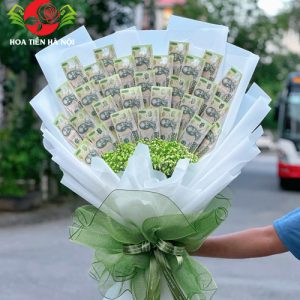 Bó hoa tiền 100k tone xanh trắng