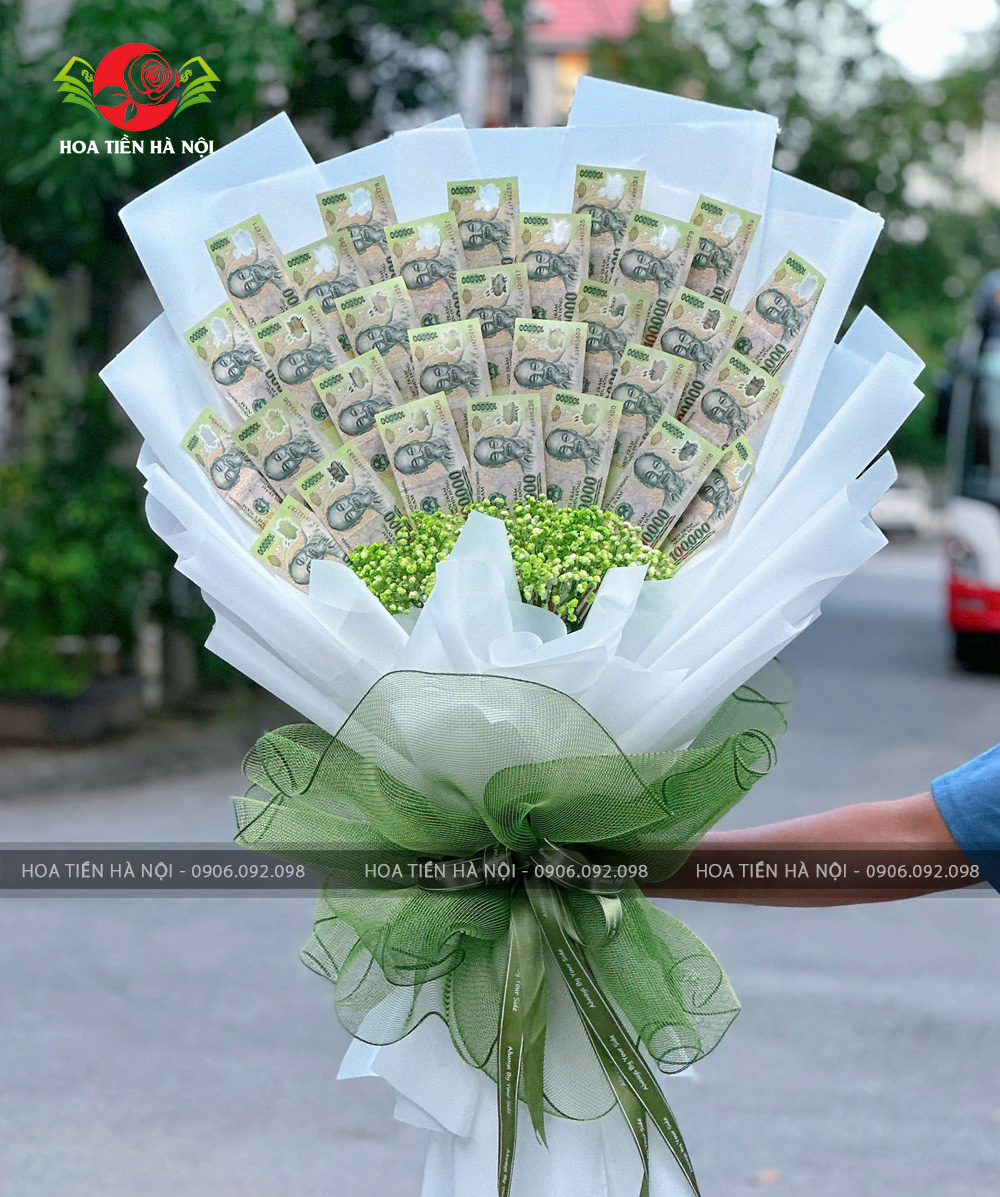 Bó hoa tiền 100k tone xanh trắng