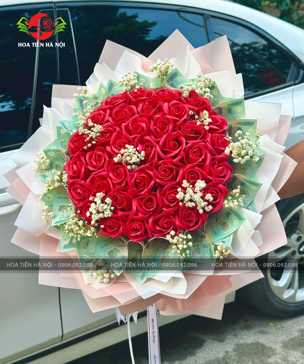 Bó hoa tiền 500k mix hoa hồng đỏ