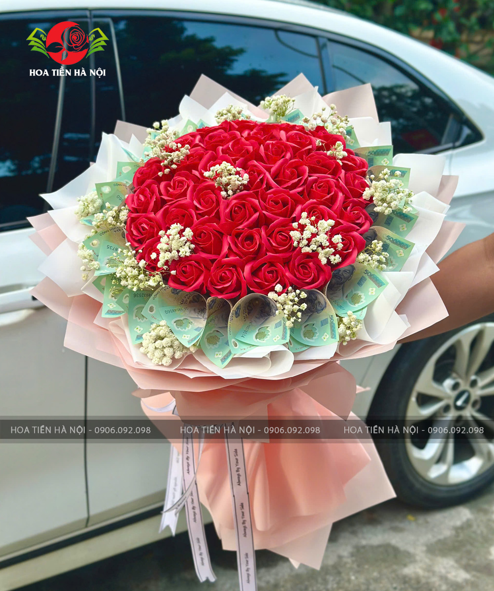 Bó hoa tiền 500k mix hoa hồng đỏ
