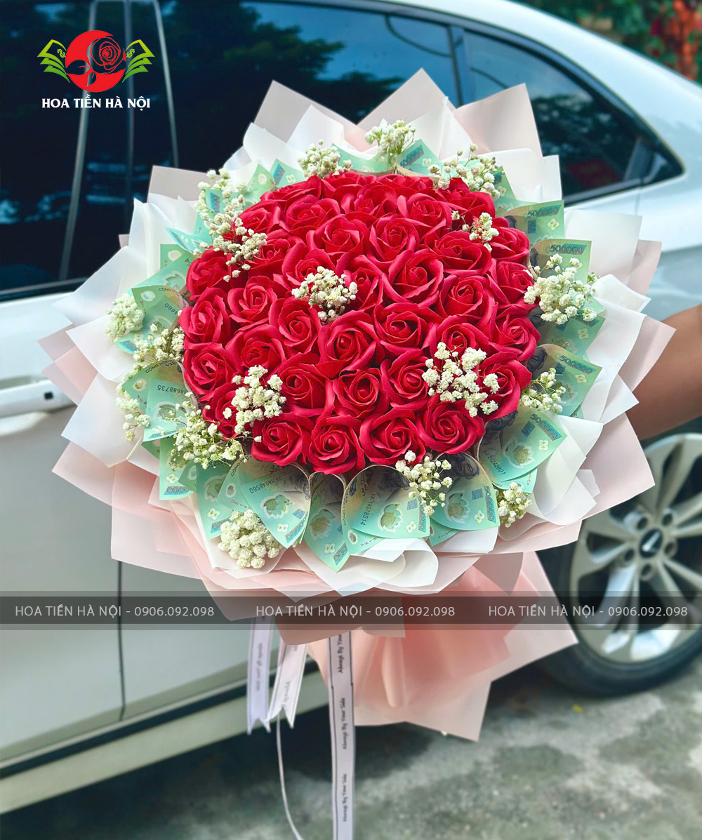 Bó hoa tiền 500k mix hoa hồng đỏ