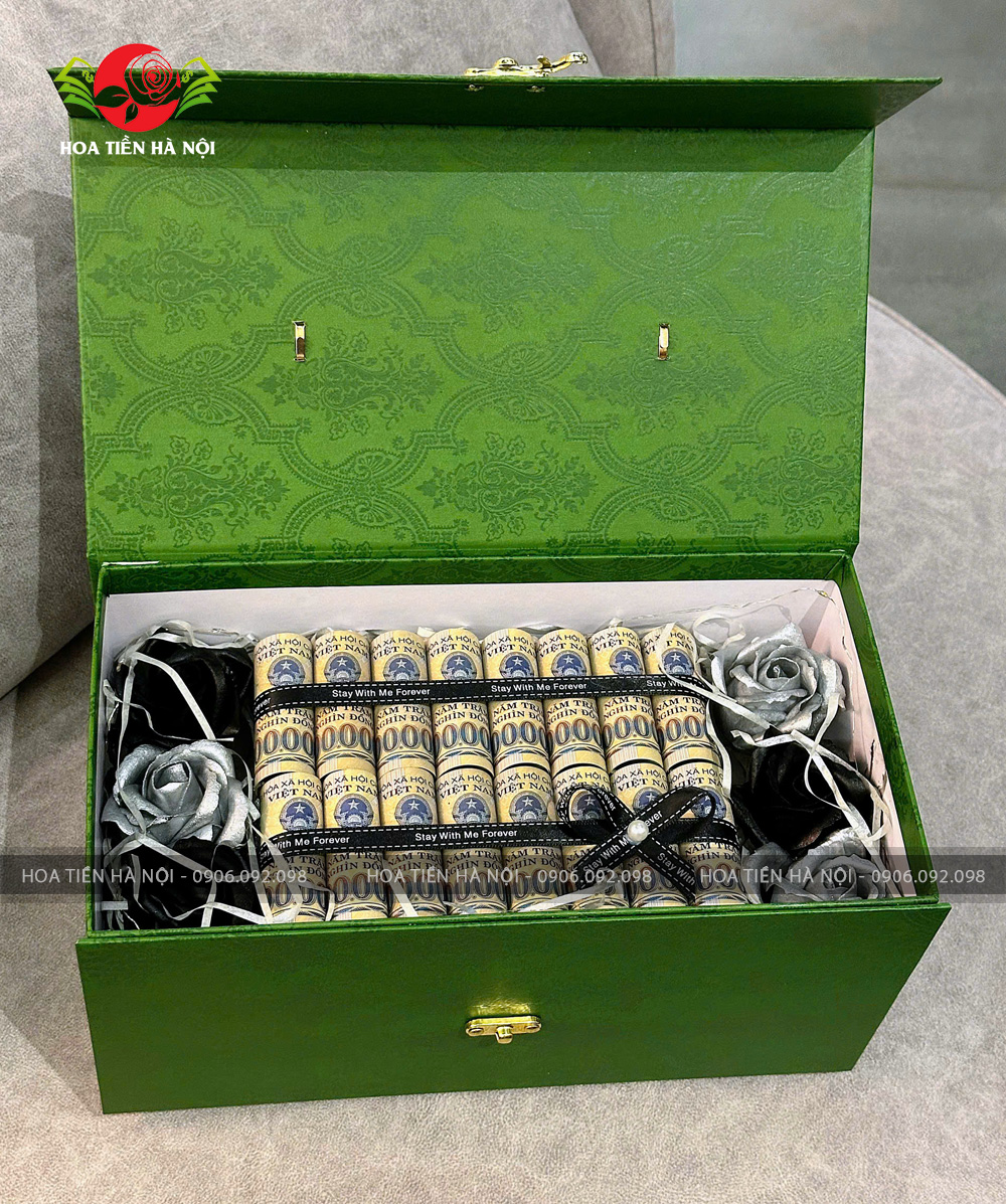 Hộp hoa tiền quà tặng bát nhã hoa đen bạc