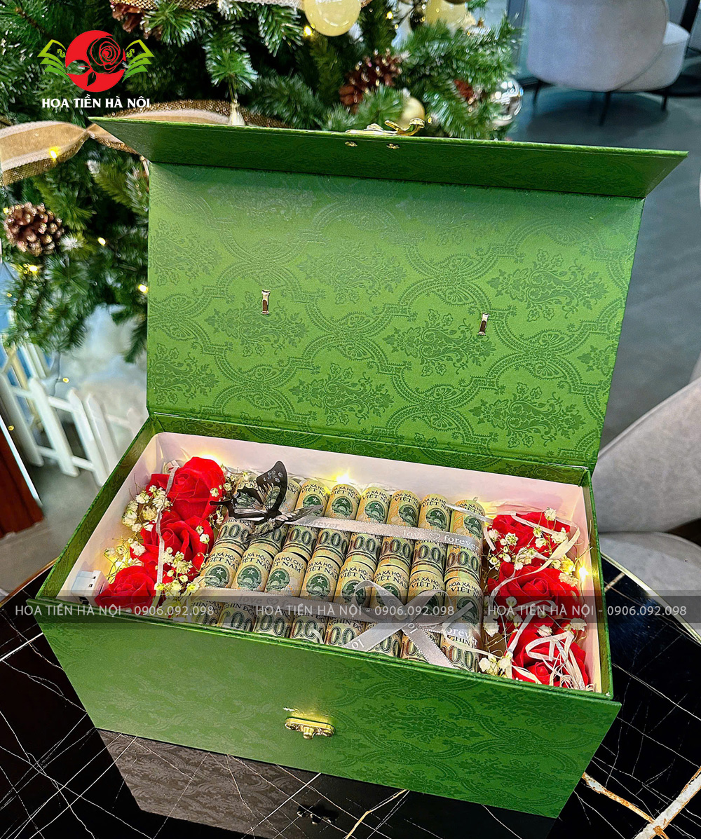 Hộp hoa tiền quà tặng bát nhã hoa hồng đỏ