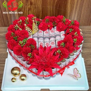 Bánh sinh nhật bằng tiền 200k trái tim đỏ