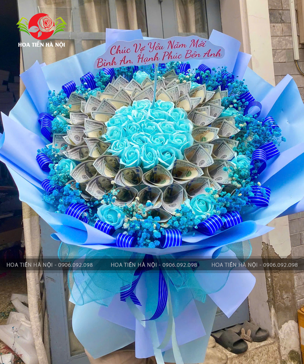 Bó hoa tiền 100 đô la xanh pastel