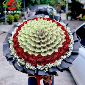 Bó hoa tiền 100 tờ 100k 2 tầng hoa nhũ đỏ
