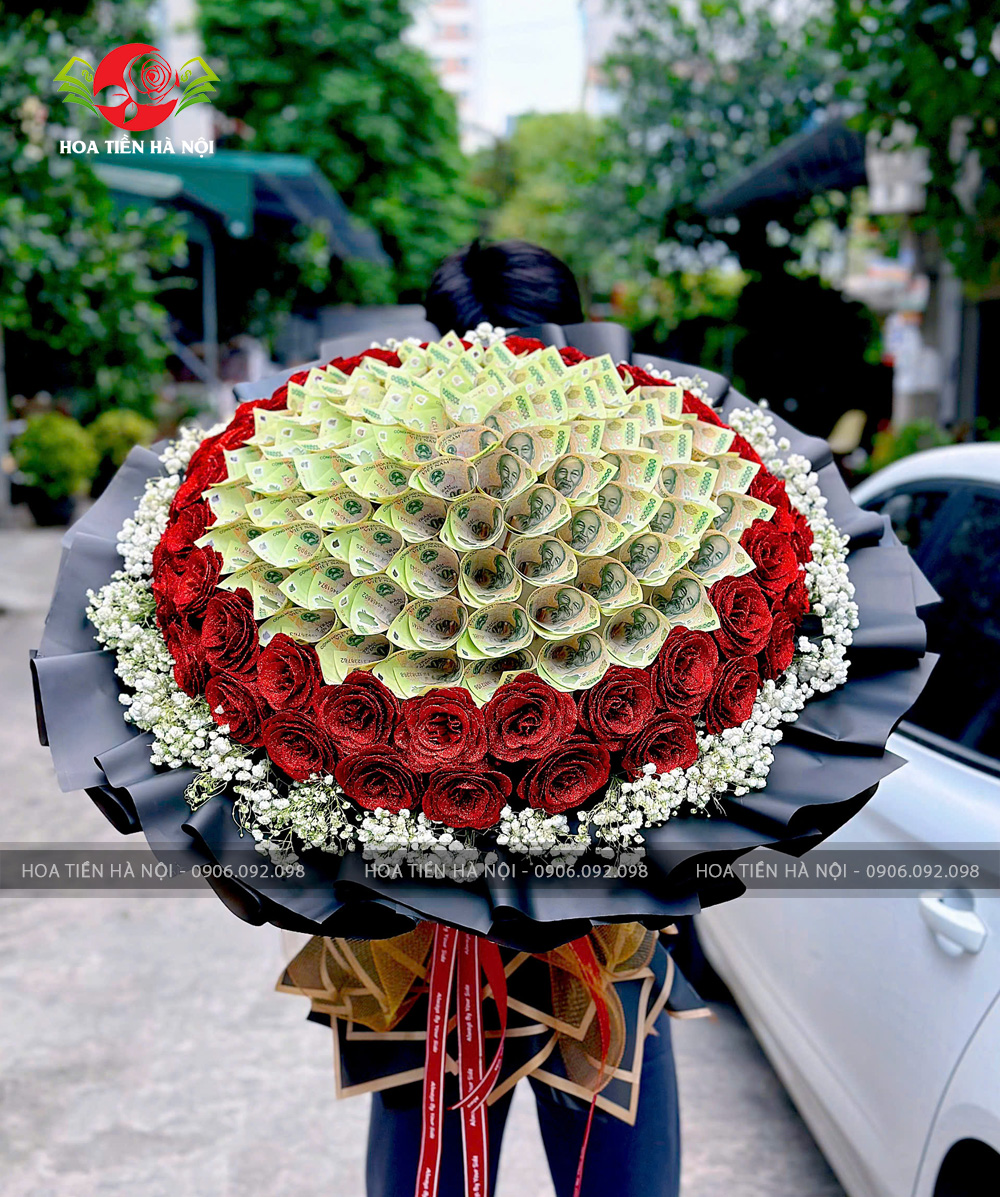 Bó hoa tiền 100 tờ 100k 2 tầng hoa nhũ đỏ