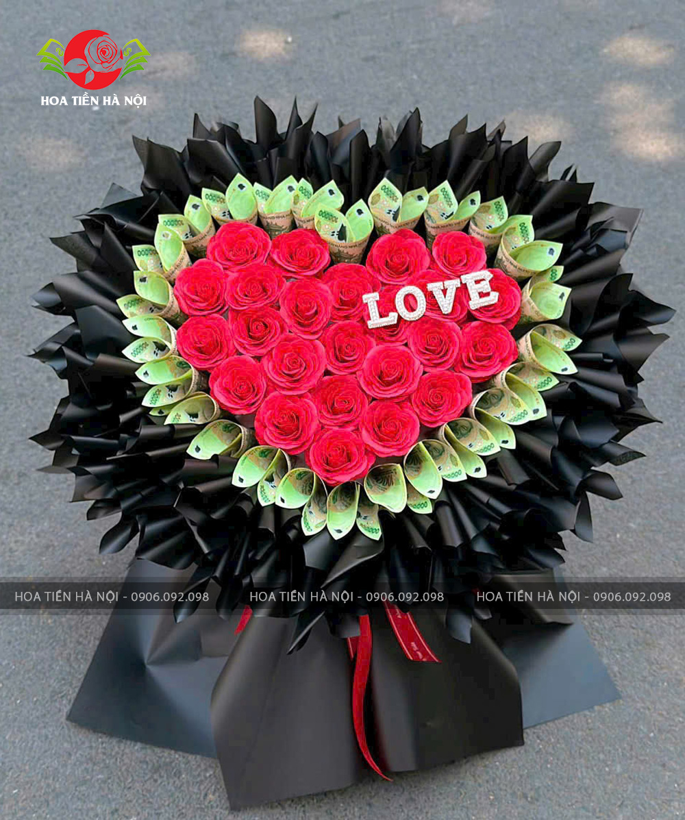 Bó hoa tiền 100k trái tim chữ LOVE
