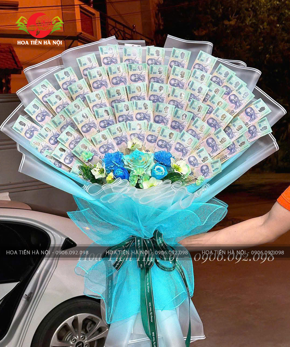 Bó hoa tiền 500k tone xanh trắng đẹp