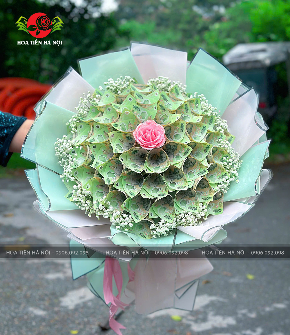 Bó hoa tiền 100k xanh bóng bạc