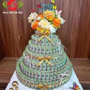 Bánh sinh nhật bằng tiền 7 tầng tone vàng gold